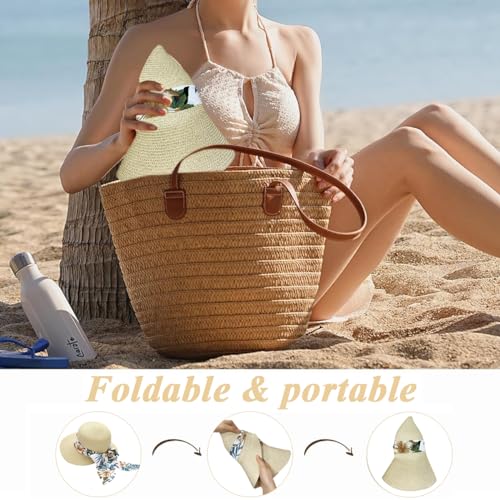 PALAY® Womens Straw Hat for Summer Wide Brim Sun Hats with Print Ribbon Fashion Beach Ladies Beige UV Protection Cap Lightweight Breathable 2 PCS PALAY® Womens Straw Hat for Summer Wide Brim Sun Hats with Print Ribbon Fashion Beach Ladies Beige UV Protection Cap Lightweight Breathable 2 PCS